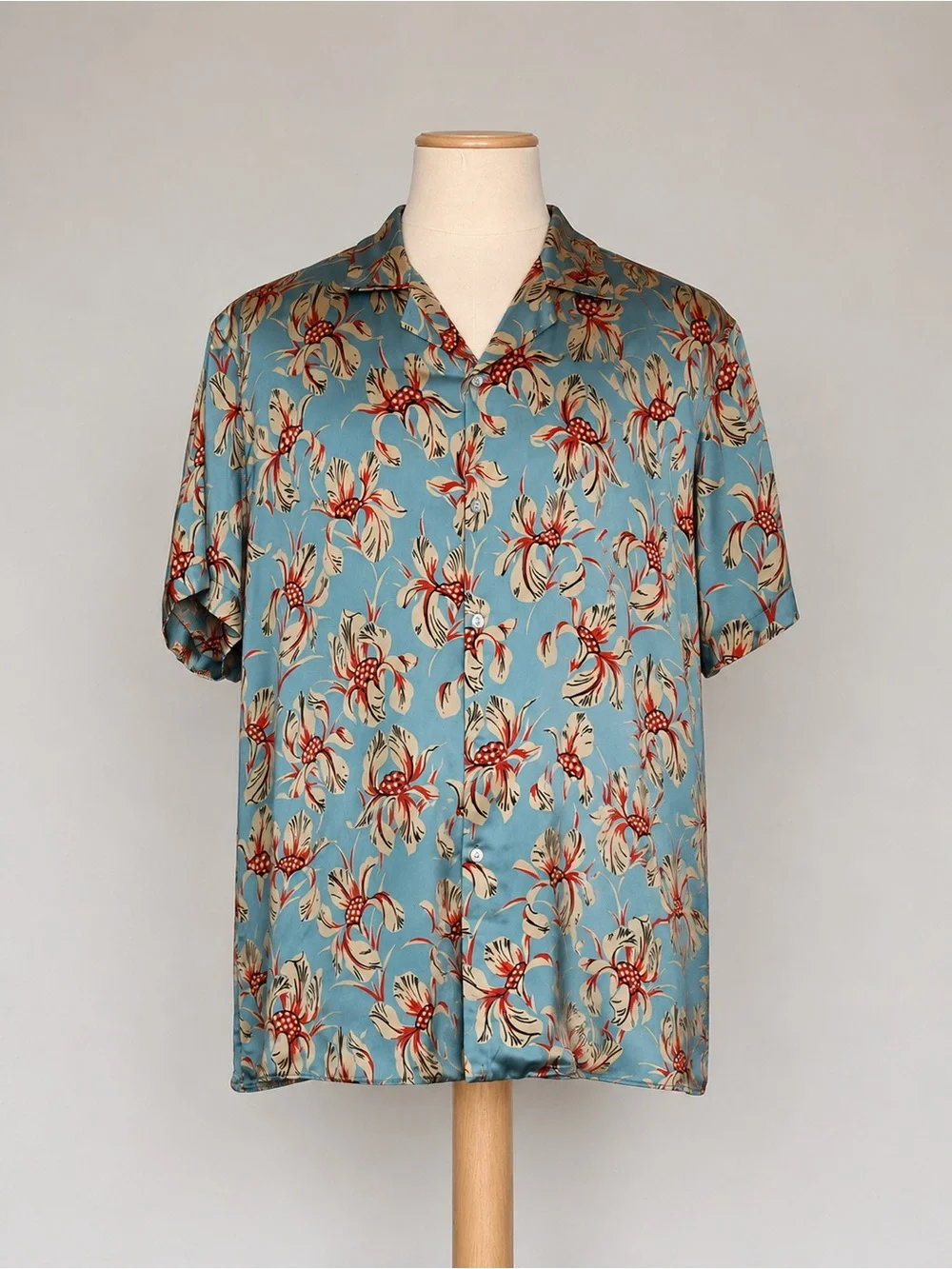 Zara Man Slim Fit Floral Camp Collar Shirt Blue Red Floral Hawaiian Button Down